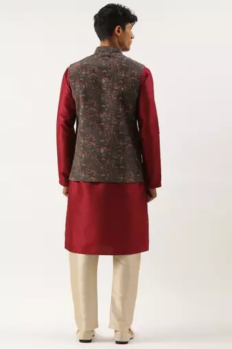 Charcoal grey printed jacket with maroon kurta set