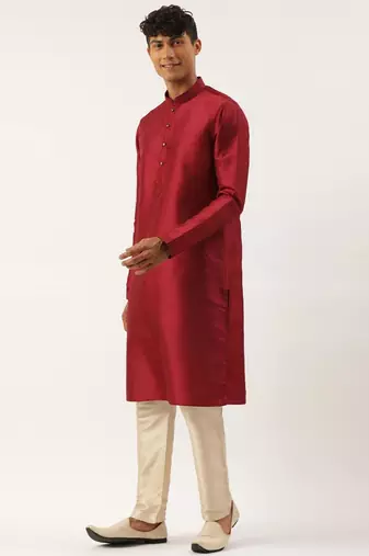 Charcoal grey printed jacket with maroon kurta set