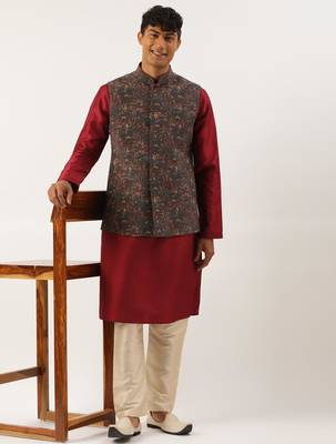 Charcoal grey printed jacket with maroon kurta set 4