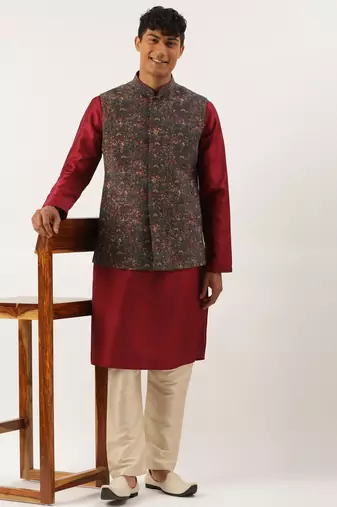 Charcoal grey printed jacket with maroon kurta set