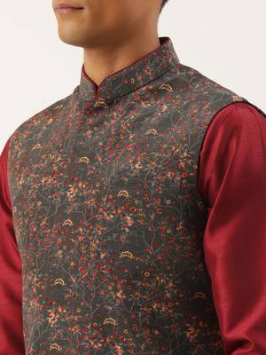 Charcoal grey printed jacket with maroon kurta set 5
