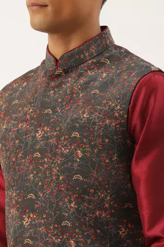 Charcoal grey printed jacket with maroon kurta set