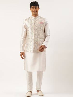 White multi color embroidered jacket kurta set 1