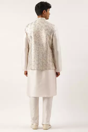 White multi color embroidered jacket kurta set