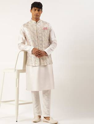White multi color embroidered jacket kurta set 4