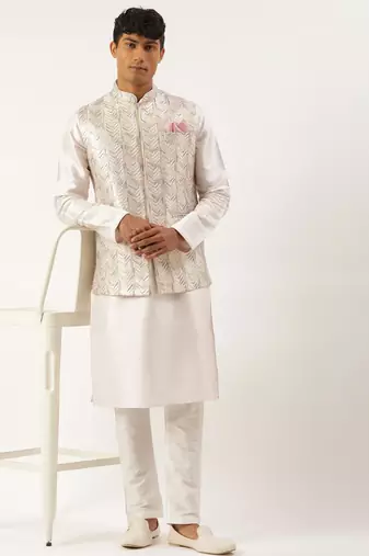 White multi color embroidered jacket kurta set