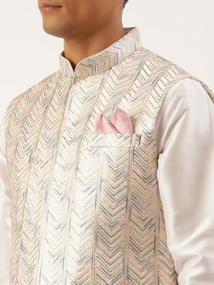 White multi color embroidered jacket kurta set 5