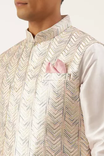 White multi color embroidered jacket kurta set