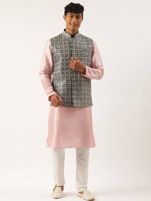 Pink embroidered jacket kurta set 1