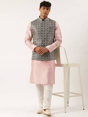 Pink embroidered jacket kurta set 4