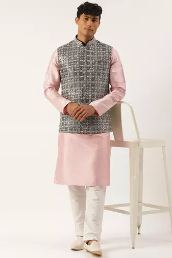 Pink embroidered jacket kurta set