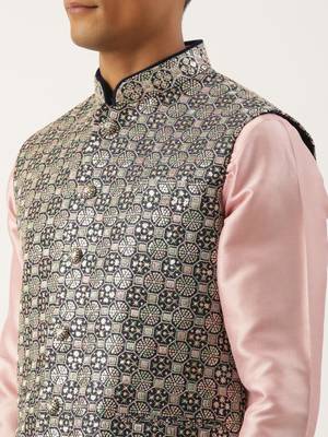 Pink embroidered jacket kurta set 5