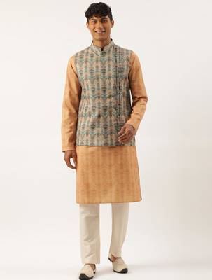 Beige pleated bundi with kurta set 1