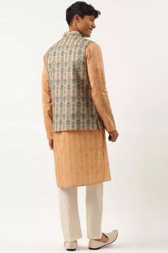 Beige pleated bundi with kurta set