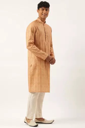 Beige pleated bundi with kurta set