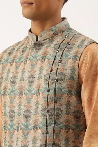 Beige pleated bundi with kurta set