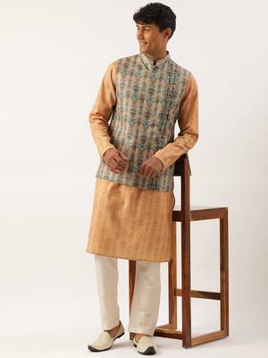 Beige pleated bundi with kurta set 5
