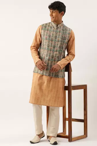 Beige pleated bundi with kurta set