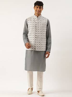 Grey printed jacket kurta set 1