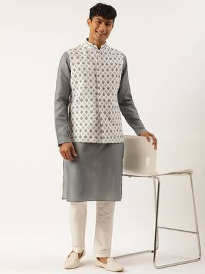 Grey printed jacket kurta set 4
