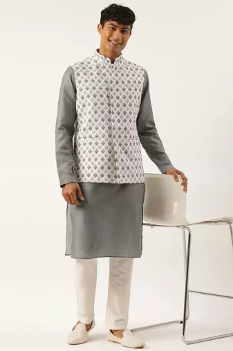 Grey printed jacket kurta set