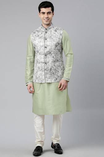 Grey green jacquard jacket with kurta
