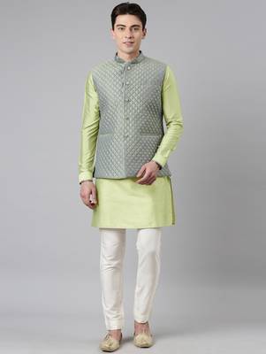 Lime green blue jacquard quilted jacket with short kurta 1