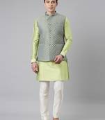 Lime green blue jacquard quilted jacket with short kurta