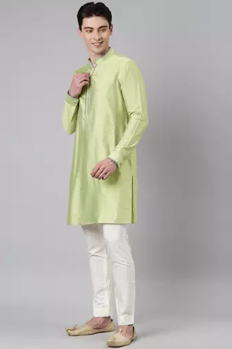 Lime green blue jacquard quilted jacket with short kurta
