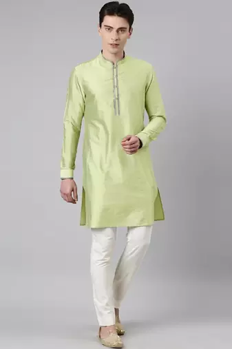 Lime green blue jacquard quilted jacket with short kurta
