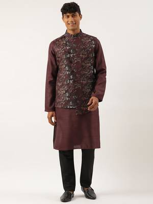 Wine printed cotton jacket kurta set 1