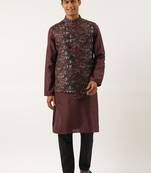 Wine printed cotton jacket kurta set