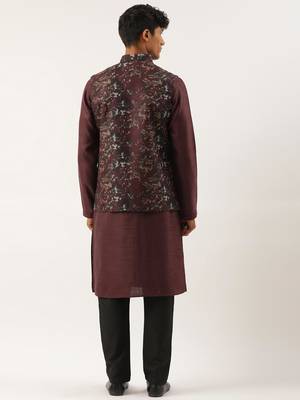 Wine printed cotton jacket kurta set 2