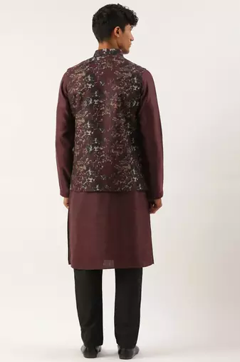 Wine printed cotton jacket kurta set