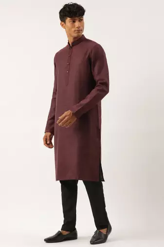 Wine printed cotton jacket kurta set