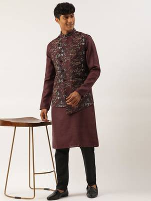 Wine printed cotton jacket kurta set 4