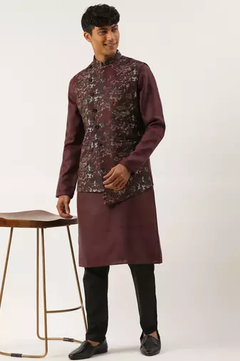 Wine printed cotton jacket kurta set