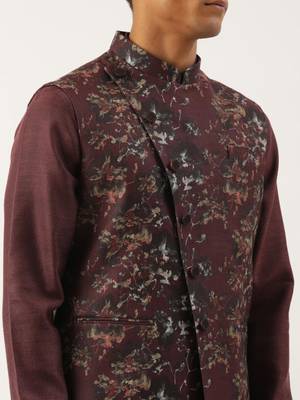 Wine printed cotton jacket kurta set 5