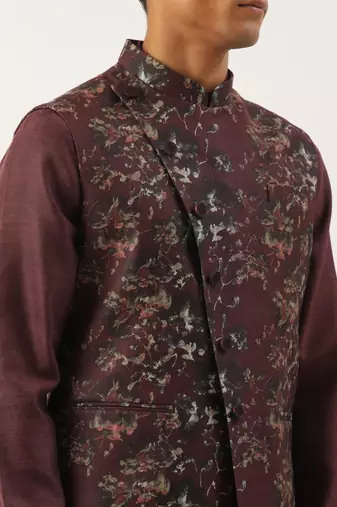 Wine printed cotton jacket kurta set
