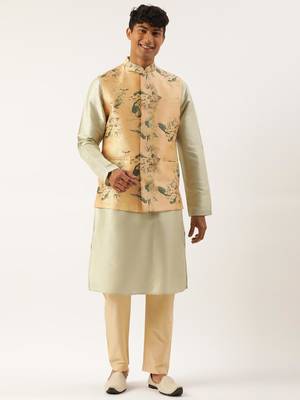 Beige printed cotton jacket kurta set 1