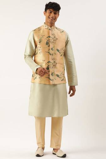Beige printed cotton jacket kurta set