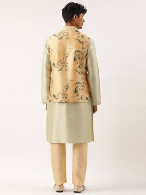 Beige printed cotton jacket kurta set 2