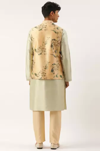 Beige printed cotton jacket kurta set