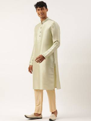 Beige printed cotton jacket kurta set 3