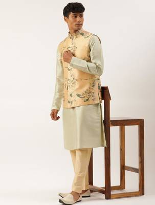 Beige printed cotton jacket kurta set 4