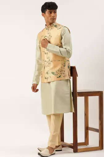 Beige printed cotton jacket kurta set