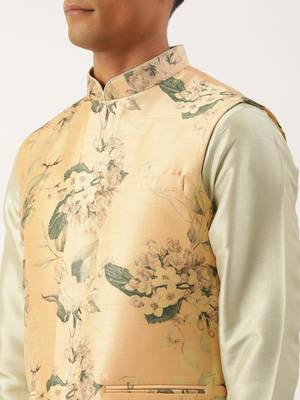 Beige printed cotton jacket kurta set 5