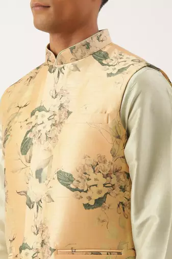 Beige printed cotton jacket kurta set