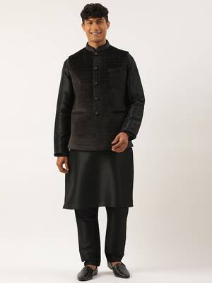 Black velvet quilted jacket kurta set 1