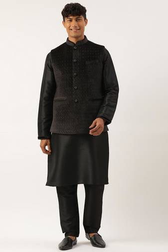 Black velvet quilted jacket kurta set